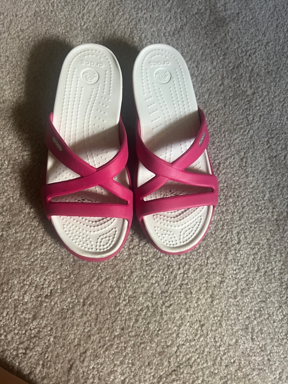 CROCS Ladies Pink and White Cross-Strap Slide Sandals